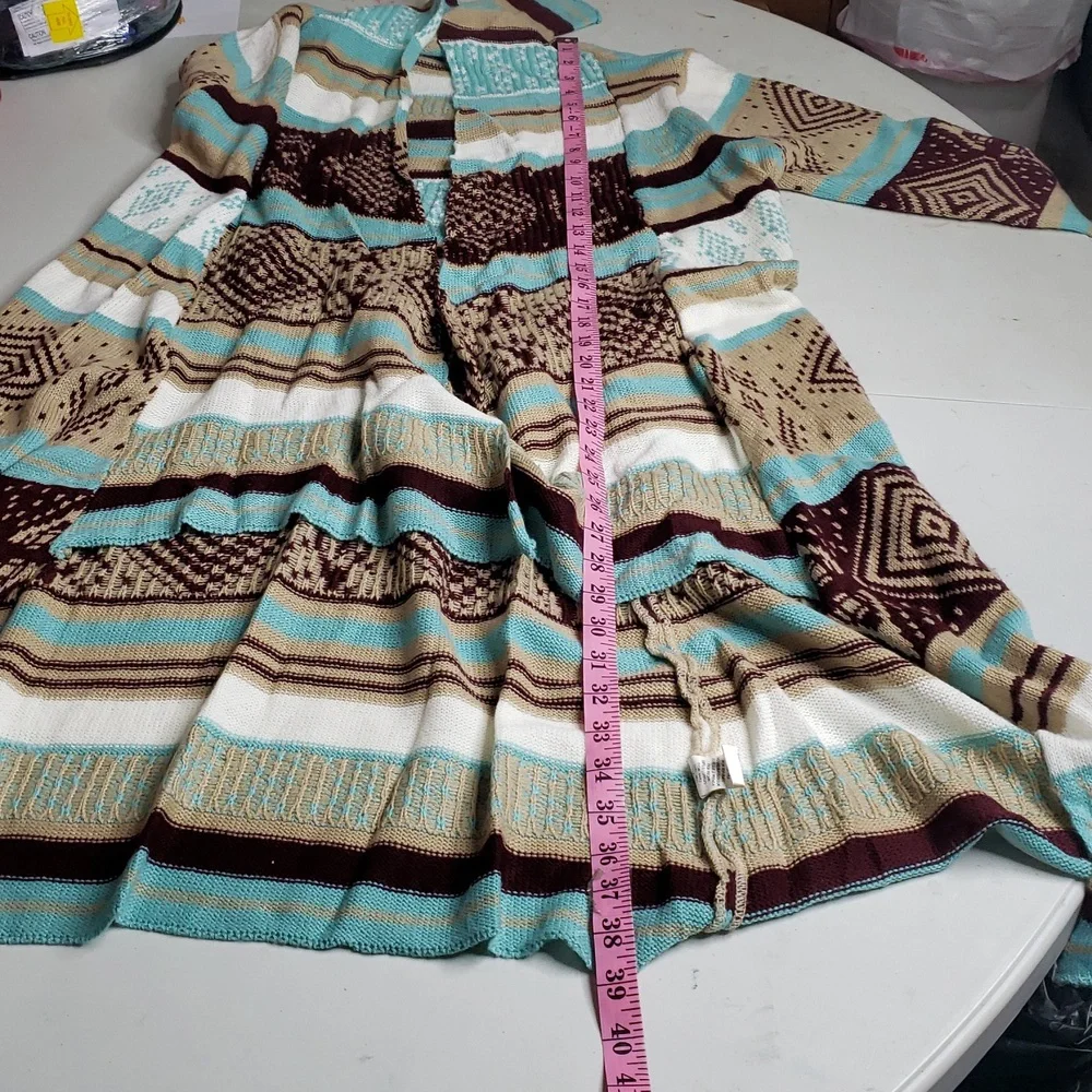 Love Cotton Knit Southwestern Asymmetric Long Line Open Front Cardigan Size M/L